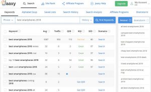 Example for keyword searching in Jaaxy